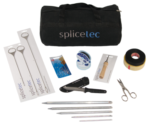SPLICETEC Spleiß Werkzeug Set Profi mit Tasche, Schere, Messer, 3 Push&Pull Nadeln, 5 Spleissfids, Handhook, Takelnadeln, Takelgarn, zwei Klebestreifen