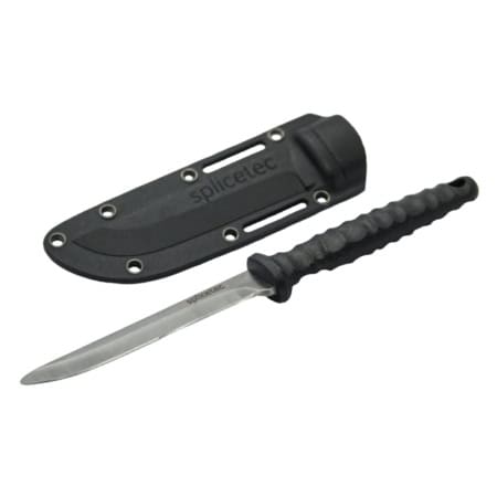 Spleissermesser mit Microverzahnung und zweigeteilter Klinge und Messerköcher in schwarz